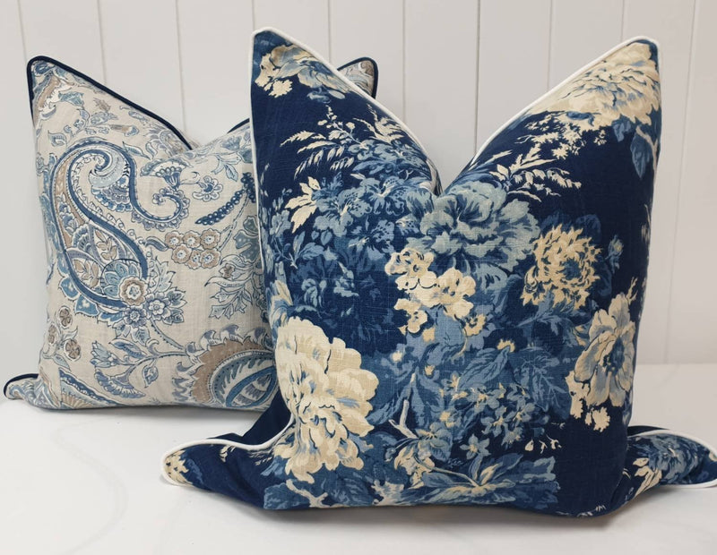 Hamptons style navy floral pillow covers coastal decor cushions classic style beachy home decor navy cream beige cushion