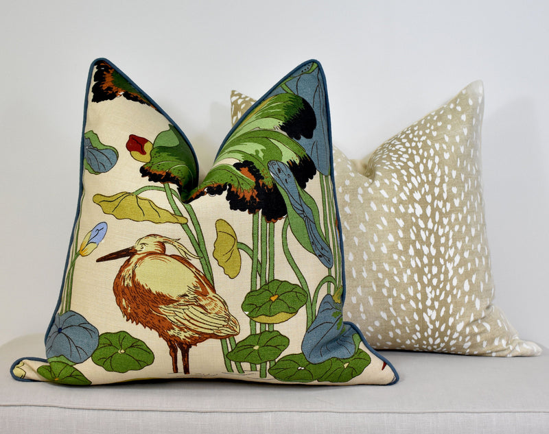 Chinoiserie water bird pillow cover Designer pillow linen cushion blue green bird lotus leaf pillow coastal home accent throw
