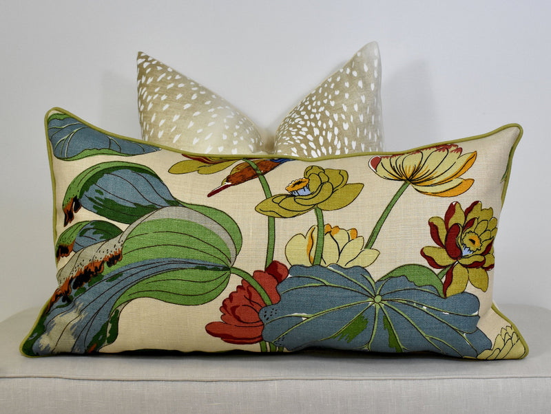 Chinoiserie water bird pillow cover Designer pillow linen cushion blue green bird lotus leaf pillow coastal home accent throw