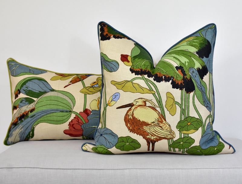 Chinoiserie water bird pillow cover Designer pillow linen cushion blue green bird lotus leaf pillow coastal home accent throw