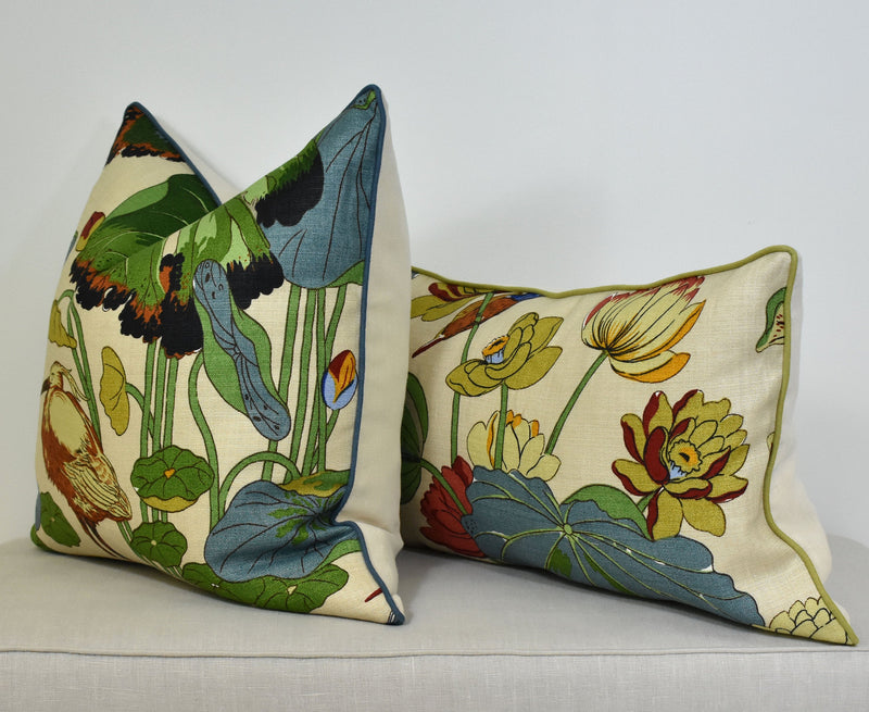 Chinoiserie water bird pillow cover Designer pillow linen cushion blue green bird lotus leaf pillow coastal home accent throw