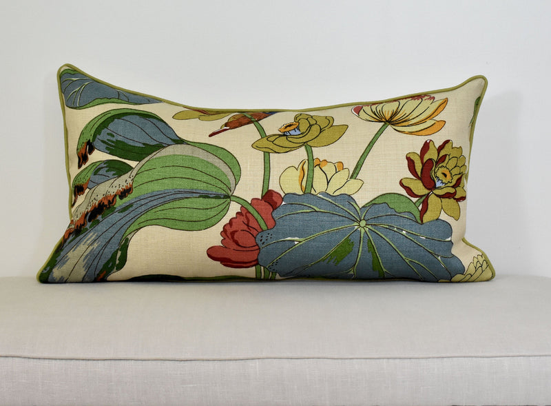 Chinoiserie water bird pillow cover Designer pillow linen cushion blue green bird lotus leaf pillow coastal home accent throw